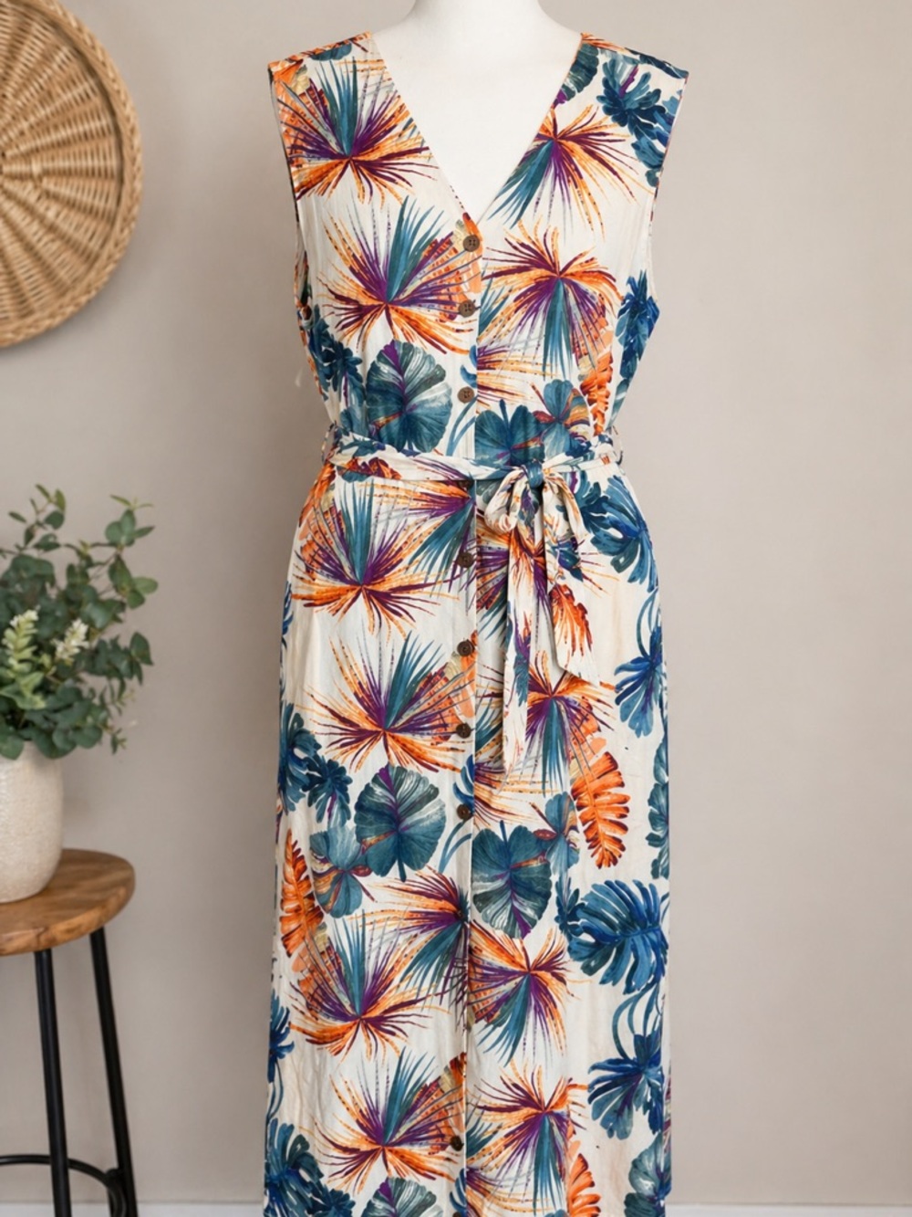 Ribbon Heart Tropical Button Front Belted Sleeveless Midi Dress XL Linen Blend
